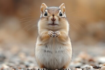 Wall Mural - Cute chubby chipmunk sitting on gravel, looking directly at camera.