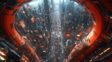 Poster - Futuristic cityscape with vibrant lights and towering structures.