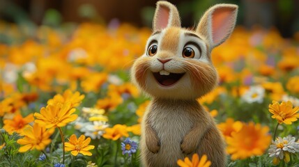 Wall Mural - Happy cartoon rabbit in a vibrant flower field.