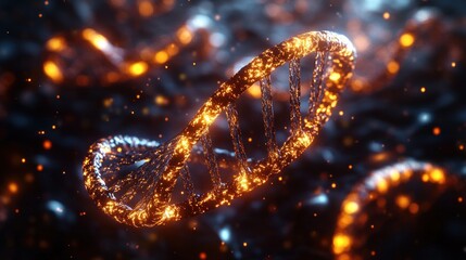 Poster - 3D representation of a glowing DNA double helix in a dark background.