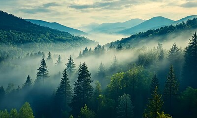 Wall Mural - misty mountains and lush forests create a serene landscape