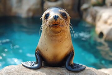 Wall Mural - Adorable sea lion pup gazing at the camera, perched on a rock near a pool.