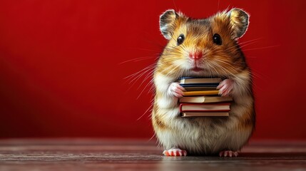 Canvas Print - Cute hamster holding a stack of small books against a red background.