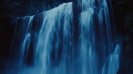 Canvas Print - Majestic waterfall cascading down dark cliff face at night, illuminated by moonlight, showcasing powerful water flow and misty spray.