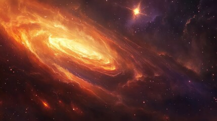 Wall Mural - Fiery orange spiral galaxy swirling in dark space with bright stars.