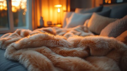 Wall Mural - Cozy bedroom with plush faux fur throw blanket at sunset.