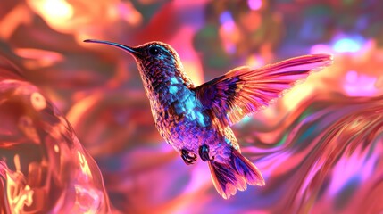 Sticker - Vibrant iridescent hummingbird in flight against a swirling, colorful, abstract background.