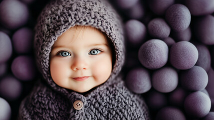 Wall Mural - Cute baby wearing a crocheted coat with a hood, surrounded by plush plumes