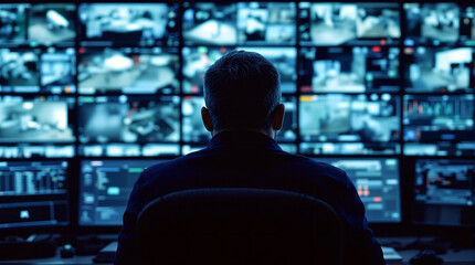 Aufkleber - A security monitor intently observes multiple screens displaying real-time feeds.