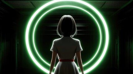 Poster - Mysterious figure in an illuminated circle sci-fi setting animation dark environment rear view futuristic concept