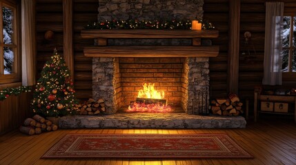 Canvas Print - Cozy cabin, Christmas tree, fireplace, warm fire.