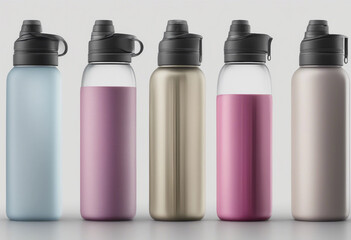 Set of various modern vacuum insulated thermos water bottles isolated on transparent background