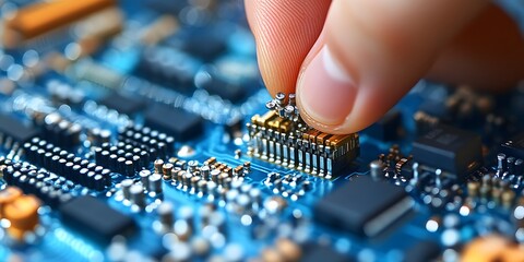 Poster - A hand placing a component on a blue circuit board, highlighting electronic assembly work.