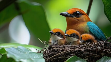 Wall Mural - A vibrant adult bird tenderly watches over its three adorable chicks nestled in a cozy nest amidst lush green foliage.