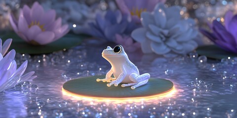 Wall Mural - Cute Sparkling Frog on Lily Pad Magical Night Pond Scene