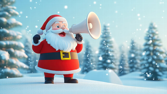 3D cartoon illustration of Santa Claus holding a megaphone, with a winter landscape background, in a simple design