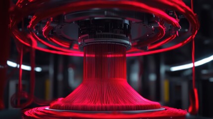 Poster - Vibrant Red Fiber Spinning on Industrial Spool in Motion
