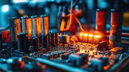 Poster - Close-Up of Circuit Board with Glowing Components and Capacitors