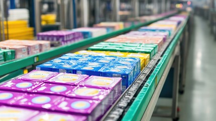 Poster - Colorful Packaged Products on Conveyor Belt in Modern Warehouse