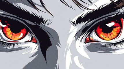 Wall Mural - Cartoon face close-up with red eyes. Vector illustration for anime, manga in japanese style