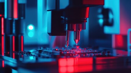 Poster - Precision laser equipment manipulating circuit board under neon lights