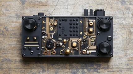 Poster - Intricate Circuit Board with Golden Details on Wooden Background