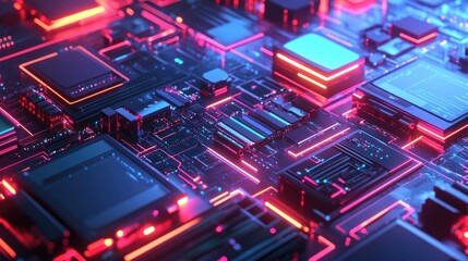 Poster - Abstract Circuit Board Close-up with Neon Lights and Glow Effects
