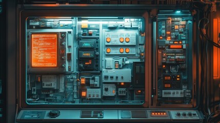 Poster - Futuristic Control Panel with Neon Lights and Complex Interfaces