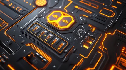 Poster - Futuristic Circuit Board Close-Up with Glowing Orange Elements