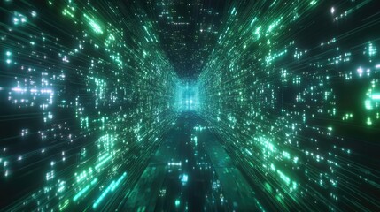 Poster - Futuristic Neon Corridor with Glowing Particles and Depth Effects