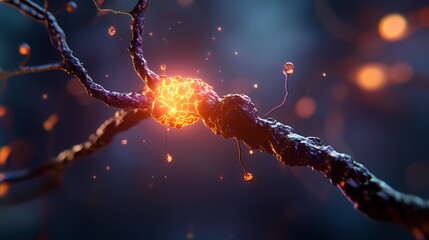 Poster - Glowing synapse connection, neuron network, neural communication.