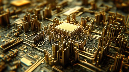 Poster - Intricate Close-Up of a Gold Circuit Board with Microchips and Wiring