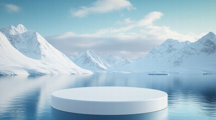 Wall Mural - white, empty podium for product presentation against the backdrop of snow-capped mountains and water