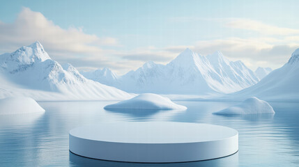 Wall Mural - white, empty podium for product presentation against the backdrop of snow-capped mountains and water