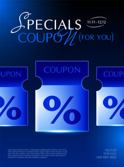 Wall Mural - Line of coupon with percent price off, coupon code, isolated on deep blue background. Unlimited gift voucher giveaway banner template. Vector illustration