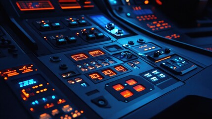 Poster - Detailed Control Panel with Bright Lights and Buttons in Darkness