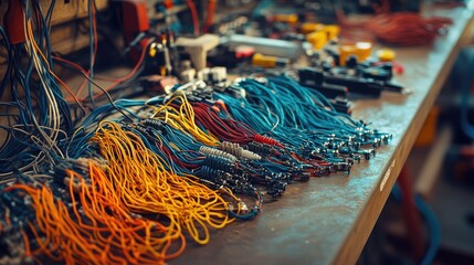 Poster - Colorful Cables and Wires Organized on Workbench in Workshop