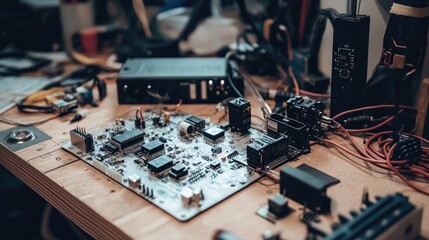 Poster - Detailed Circuit Board Close-Up on Workbench Surrounded by Tools