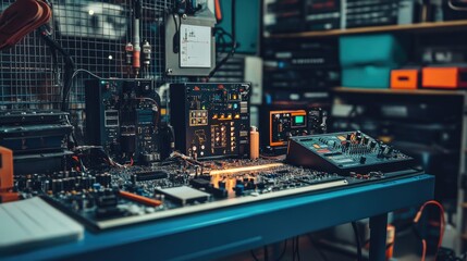 Poster - Detailed Workbench with Electronic Components and Equipment Setup
