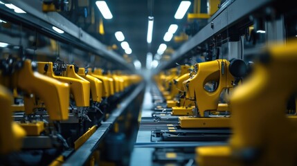 Poster - Yellow Sewing Machines on Production Line in Modern Factory