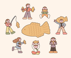 Wall Mural - street food from korea and japan. fish-shaped bread with red bean paste and cream. people are enjoyi