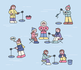 Wall Mural - people are ice fishing on a frozen river. they drop their lines into small holes and wait. cuttiny o
