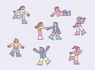Wall Mural - many people are ice skating on the frozen lake. cuttiny outline character illustration.