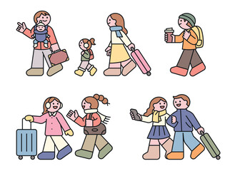 Poster - People going on a winter vacation with their family and friends. They are walking with their suitcases and chatting happily.