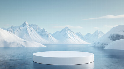 Wall Mural - white, empty podium for product presentation against the backdrop of snow-capped mountains and water