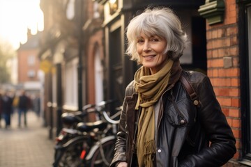 Wall Mural - Portrait of a smiling senior woman with bicycle in the city.