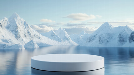 Wall Mural - white, empty podium for product presentation against the backdrop of snow-capped mountains and water