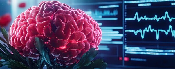 Poster - Vibrant brain illustration with digital interfaces showcasing data and analysis.
