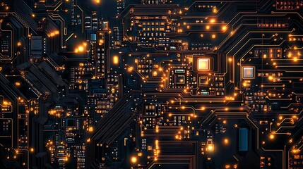 Poster - Close-up of a Glowing Circuit Board with Complex Technological Design