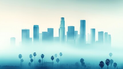 Poster - Misty city skyline with palm trees silhouetted against a hazy backdrop.